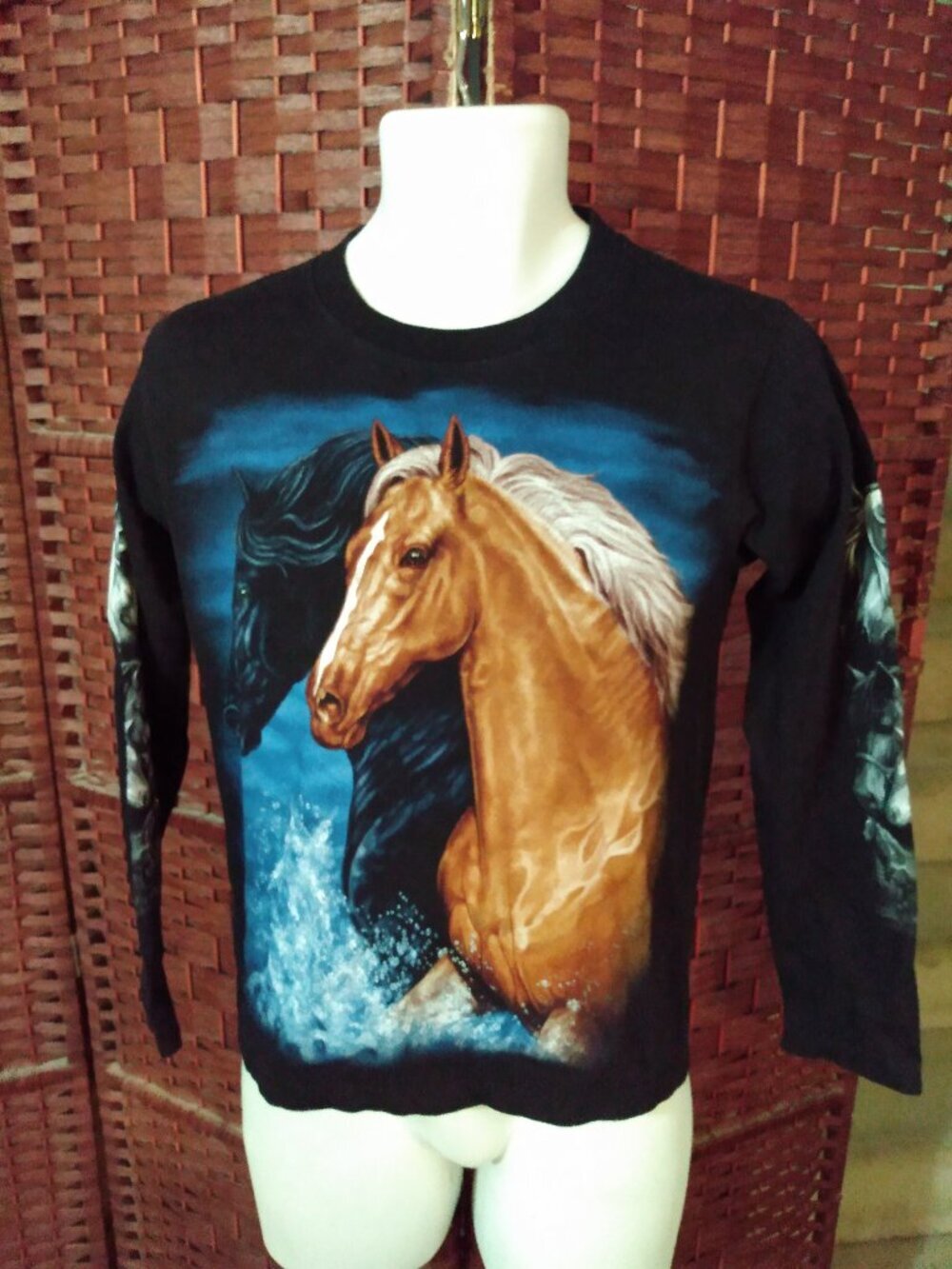 Vintage Womens All Over Print T Shirt Horses Long Sleeve Horse Single Stitch Sml